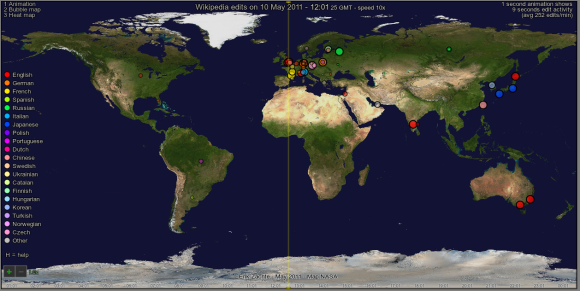 The animation shows a global map of edits made on May 10, 2011.