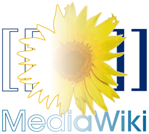 The logo of MediaWiki (a yellow sunflower surrounded by two pairs of blue square brackets) with gradients symbolizing its coming to age for the next version