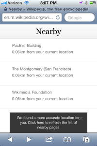 On mobile devices, GeoData will allow you to view Wikipedia or Wikivoyage pages about places close to your location.