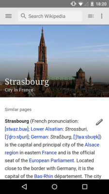 The Wikipedia app shows the article about Strasbourg on an Android device. New features like make it easier to access knowledge on the go. Photo by Jonathan Mart, licensed under CC-BY-SA-3.0