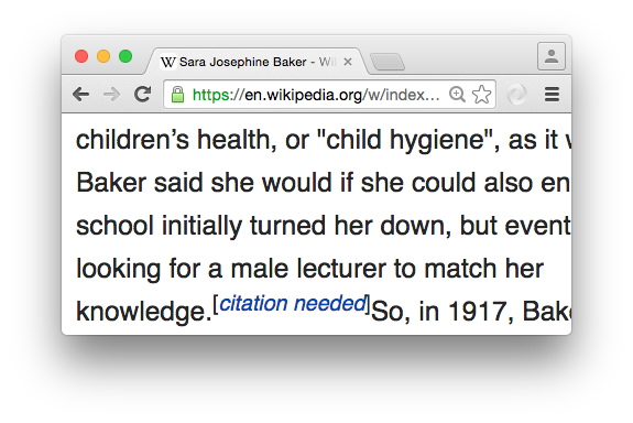 Screrenshot of "Sara Josephine Baker," Wikipedia.