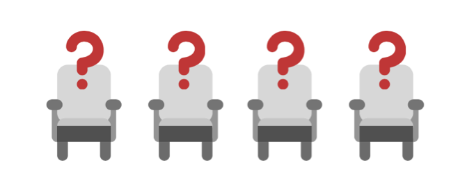 Four chairs with question marks depicting the upcoming election for Community-and-Affiliate Board seats