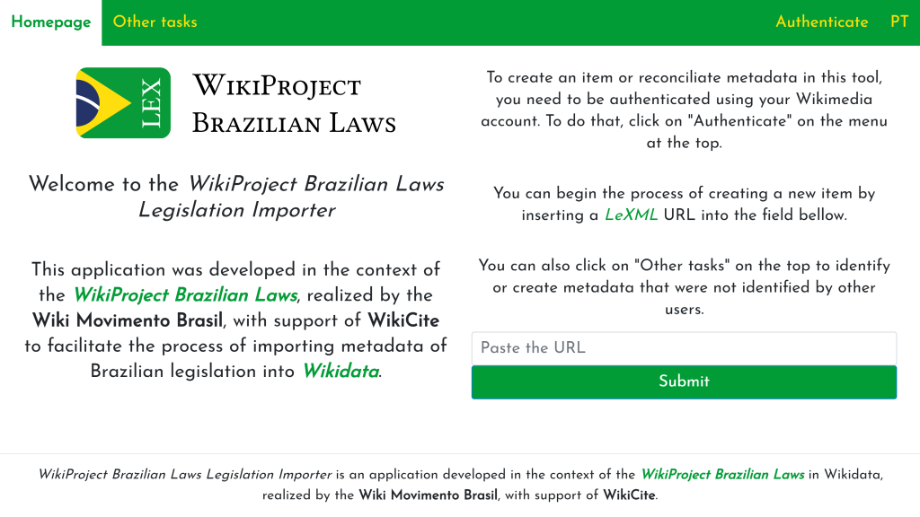 screenshot of WikiProject Brazilian Laws Legislation Importer homepage on Toolforge
