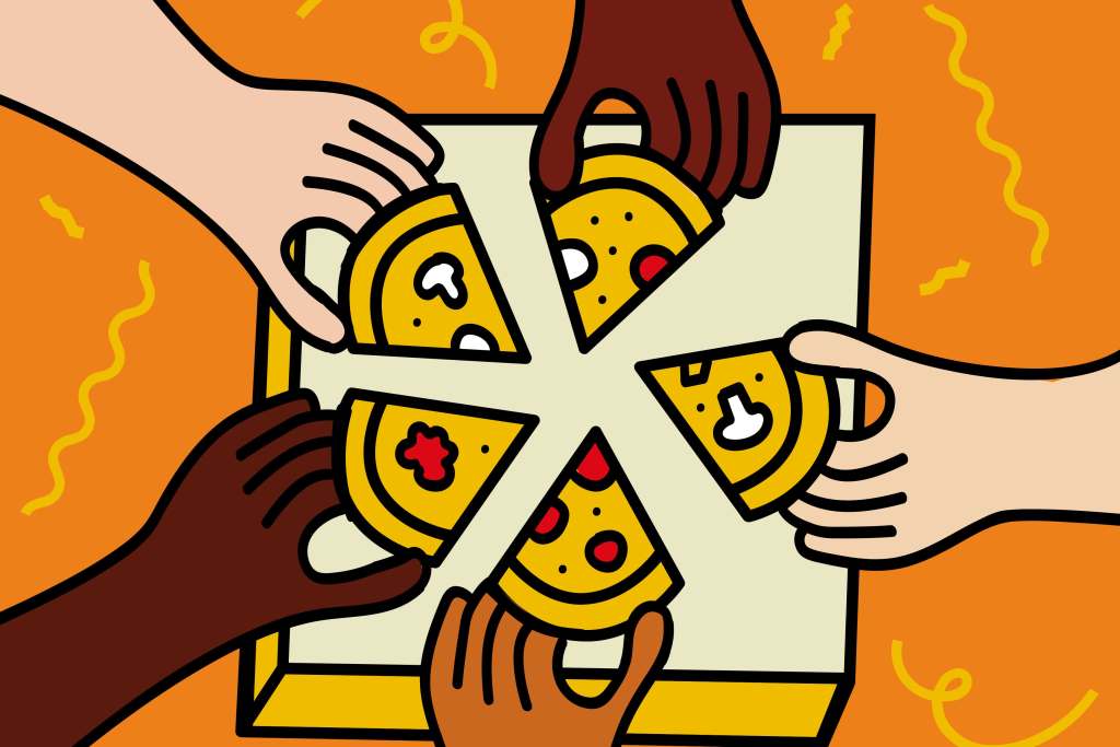 Illustration of multiple hands reaching to grab a slice of pizza