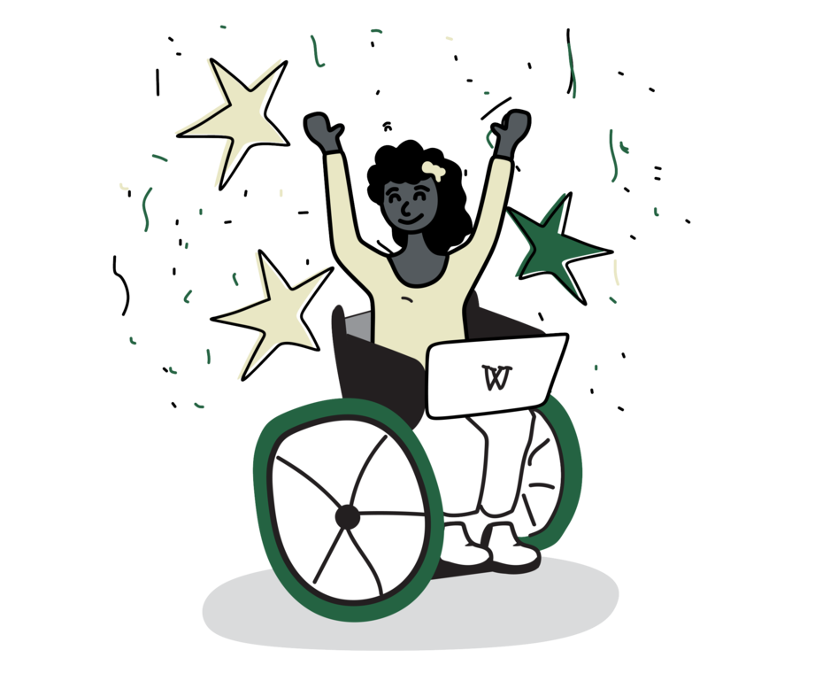 A person in a wheelchair celebrating while holding a laptop in celebration of the Wikimedia 2022 Hackathon