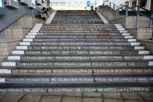 Articles of the Universal Declaration of Human Rights written in chalk on the steps of Colchester Campus. University of Essex, CC BY 2.0, via Flickr