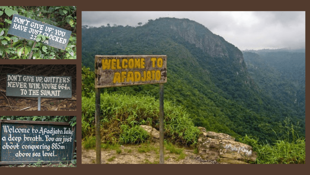 A collage of four signpost seen at the Mount Afadjato, Ghana. 