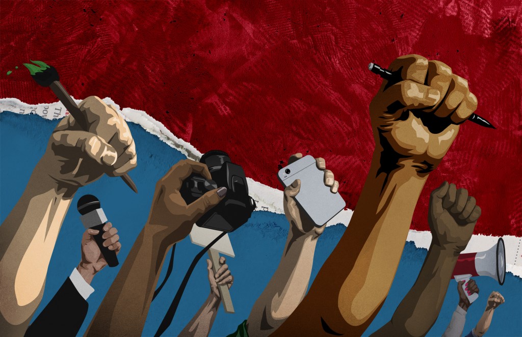 An illustration titled "Media resistance" shows several human hands clenched as fists raised up to the sky, each one of them holding a different communication tool, including writing pens and smartphones, microphones and cameras, paintbrushes and signs and megaphones