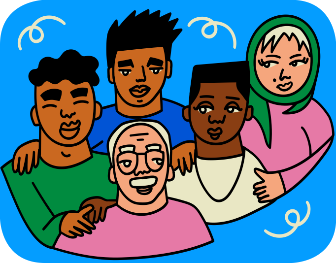 The image is an illustration of 5 people representing a range of skin tones, ages and genders. The intent of this image is to represent the diversity of the contributor community.