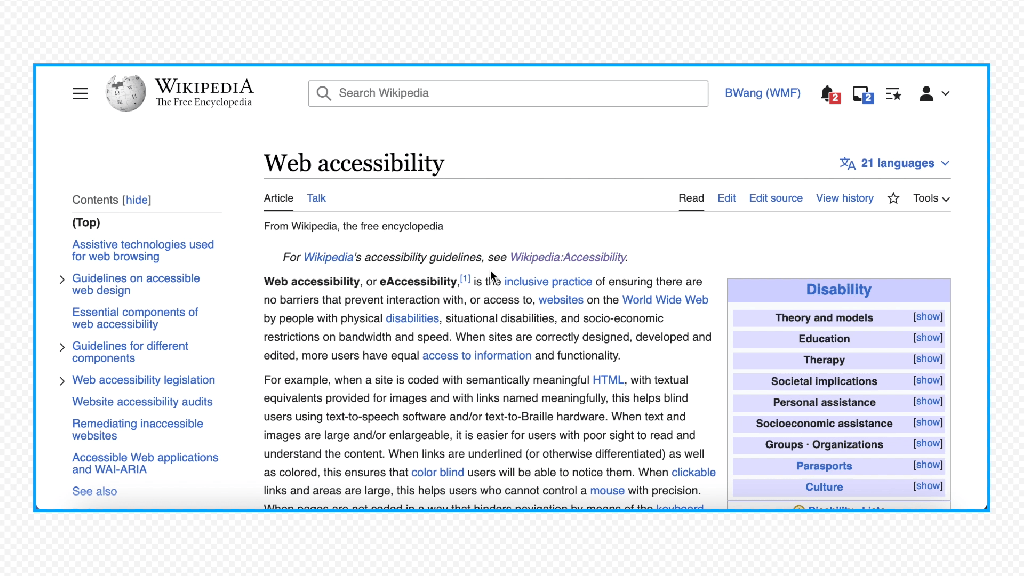 An animated gif of Wikipedia showing how the user tool menu can be positioned.
