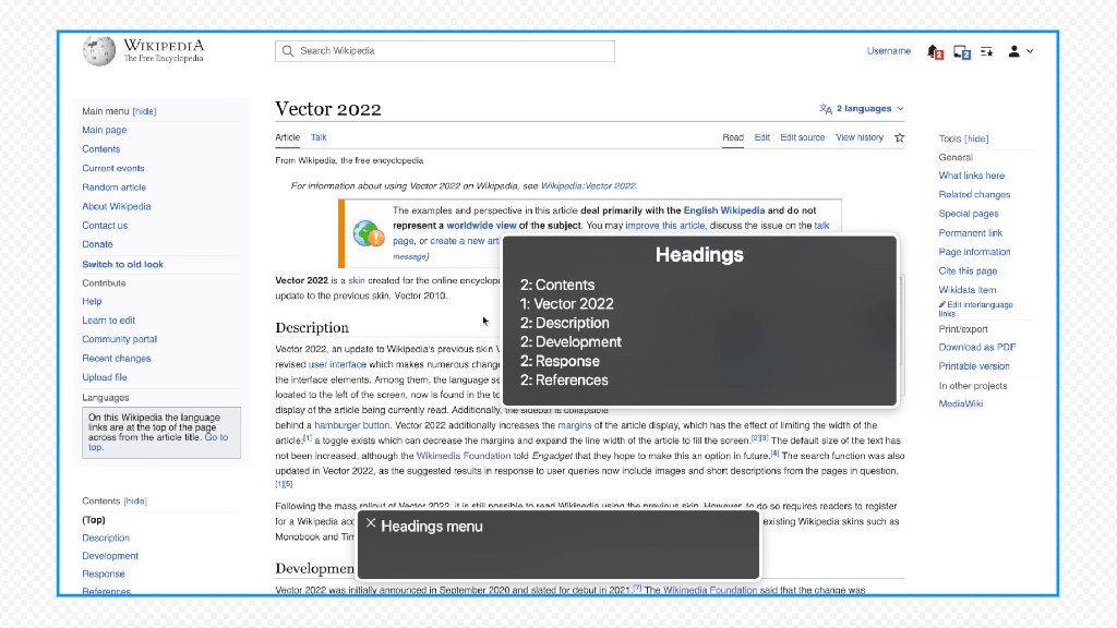 An animated gif showing the Wikipedia interface being navigated by a screen reader software.