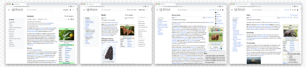 A gallery of four screenshots of English Wikipedia articles. Lemon, Moth, Brown bear, and Otter