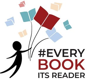 #EveryBookItsReader campaign logo shows a human figure being swept away on a string from a bouquet of books along with the hashtag Every Book Its Reader.