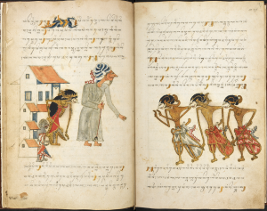 Prince Selarasa and his two brothers (on the right) pay respects to a holy man (in Islamic robes, with a turban and staff), and his daughter Ni Rumsari, who had dreamt that three handsome men would come to visit. Behind Ni Rumsari is her dark-skinned servant, Ni Jumunah, perhaps originating from eastern Indonesia. British Library, MSS Jav. 28, ff. 13v-14r.