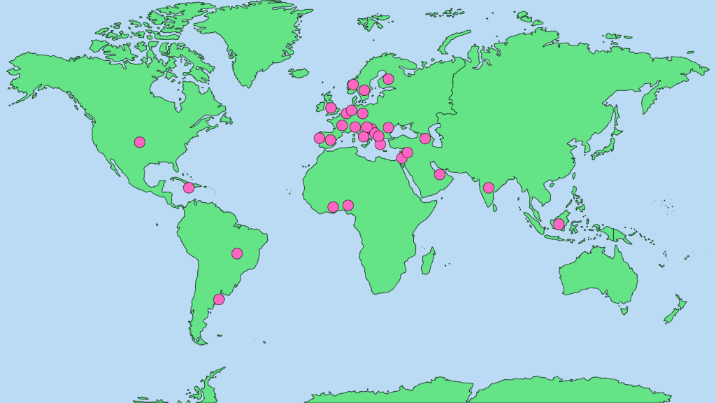 World map with dots showing where the stakeholders we interviewed are active