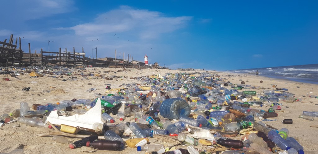 Plastic pollution at a beach near Accra, Ghana