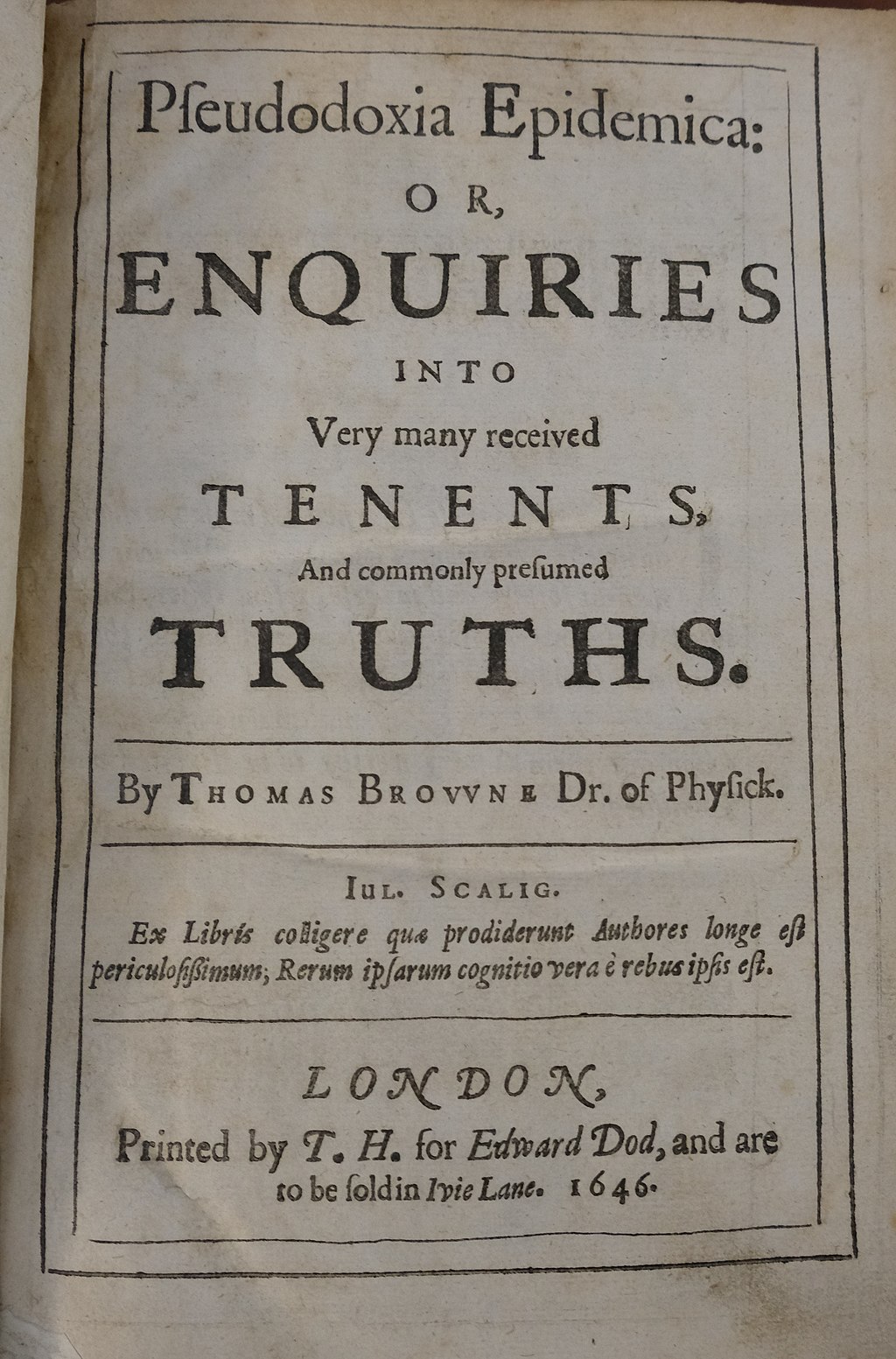 Image of the title page of a 1646 copy of Thomas Browne's "Pseudodoxia Epidemica," or "Vulgar Errors"