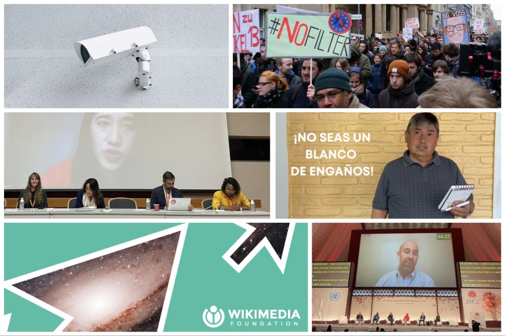 An image collage for the October 2023 issue of ‘Don’t Blink,’ featuring: a surveillance camera; a crowd of people advocating for copyright reform; a panel of speakers at the 2023 IGF; an elderly participant in an anti-disinformation workshop; the Global Advocacy team logo silhouetting a background of outer space; and, a large screen showing a panelist at the 2023 IGF