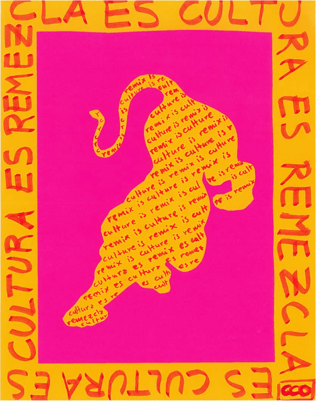 A cut out of a tiger, standing in attack, over a pink background and, at the borders and inside the body of the tiger the words: "cultura es remezcla" or "culture is remix"