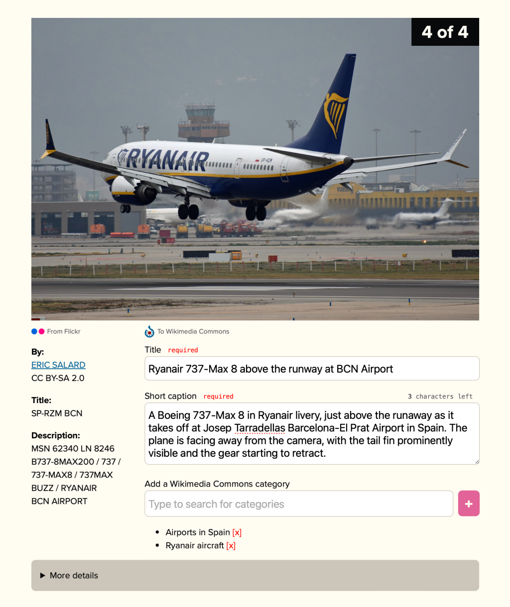 A screenshot of the Flickypedia 'Prepare info' step, using a photo of a Ryanair plane taking off.  The user is prompted to add a title, short caption, and Wikimedia Commons category
