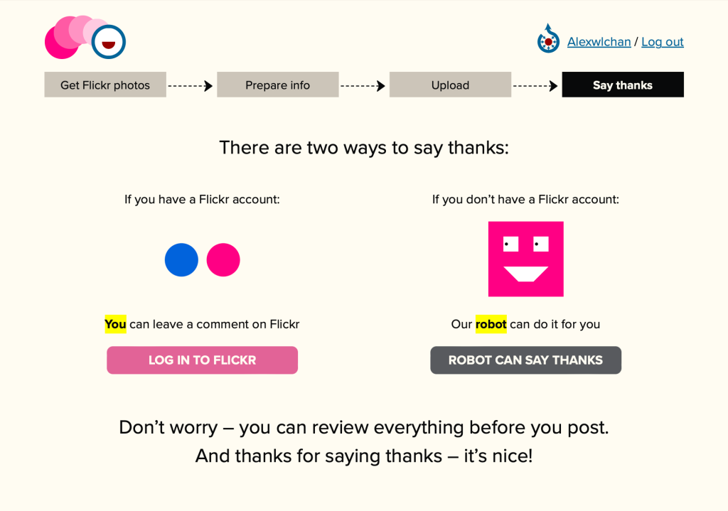 A screenshot of the Flickypedia 'Say thanks' step, giving the user two options: 'Log in to Flickr' to leave their own comment, or 'Robot can say thanks' for an automated message
