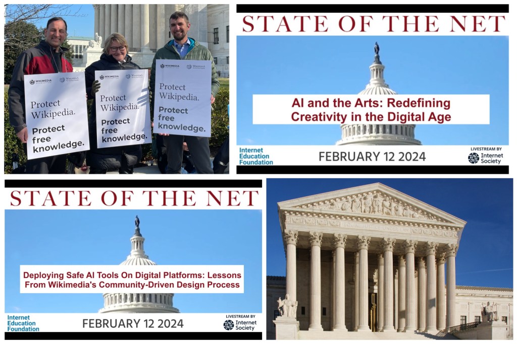 An image collages that features: Wikimedia Foundation staff and a volunteer holding signs in front of the US Supreme Court, screenshots of a lighting talk on AI and the arts and a panel discussion on deploying safe AI tools on digital platforms, and the facade of the US Supreme Court building.