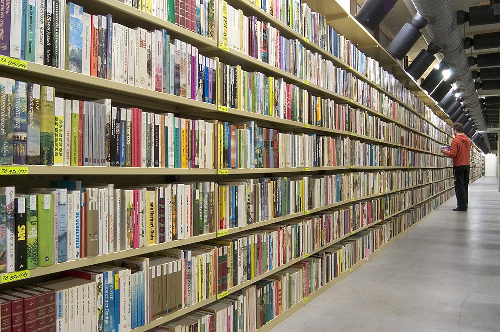 Shelves filled with a colourful selection of books recede into the distance, where a person is a re-shelving a book