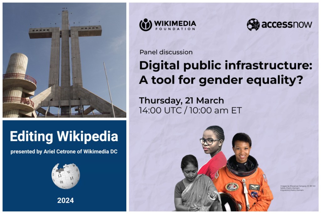 A collage of images and a screenshot: a photograph of the Cruz del Tercer Milenio monument in Coquimbo, Chile; a screenshot of a workshop on editing Wikipedia; and, a promotional image for a panel discussion titled "Digital public infrastructure: A tool for gender equality?" hosted by Access Now and the Wikimedia Foundation