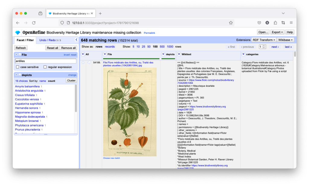 Screenshot of an OpenRefine project on a web browser, with several lines of metadata and the illustration of a plant