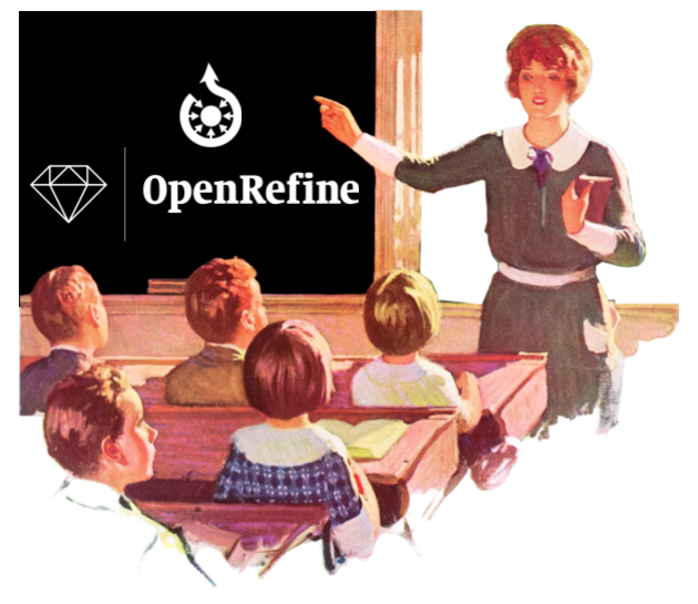 Illustration of a teacher in front of a class of students, behind her at the blackboard, the OpenRefine and Commons logos