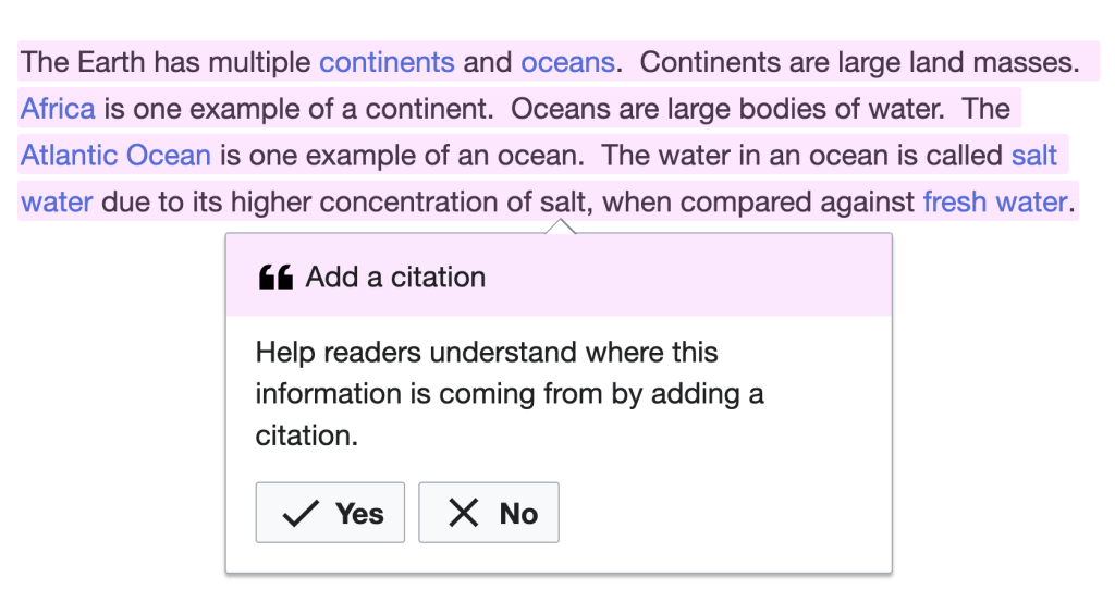 A piece of text with no citation is is highlighted. A pop-up shows the following text: "Help readers understand where this information is coming from by adding citation.". Two choices are offered: Yes and No.
