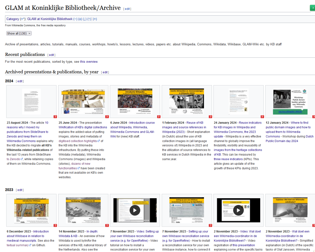 Screenshot of the KB Wikimedia presentations & publications archive on Wikimedia Commons, dd 28 August 2024. 