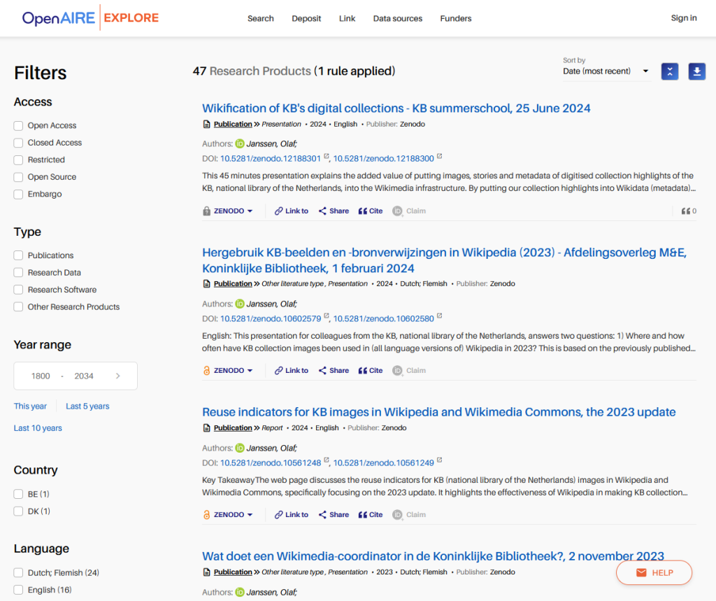 Screenshot of Olaf Janssen's publications as listed in OpenAIRE on 22 August 2024.