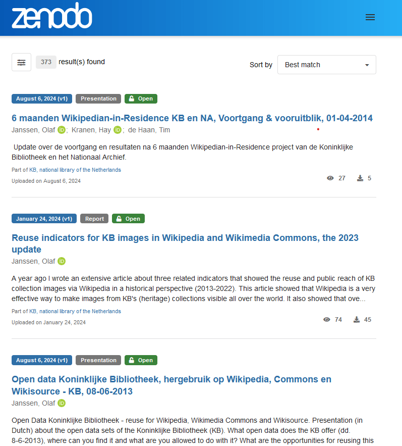 Screenshot of the search results for the query “koninklijke bibliotheek” the text-oriented user interface of Zenodo. 