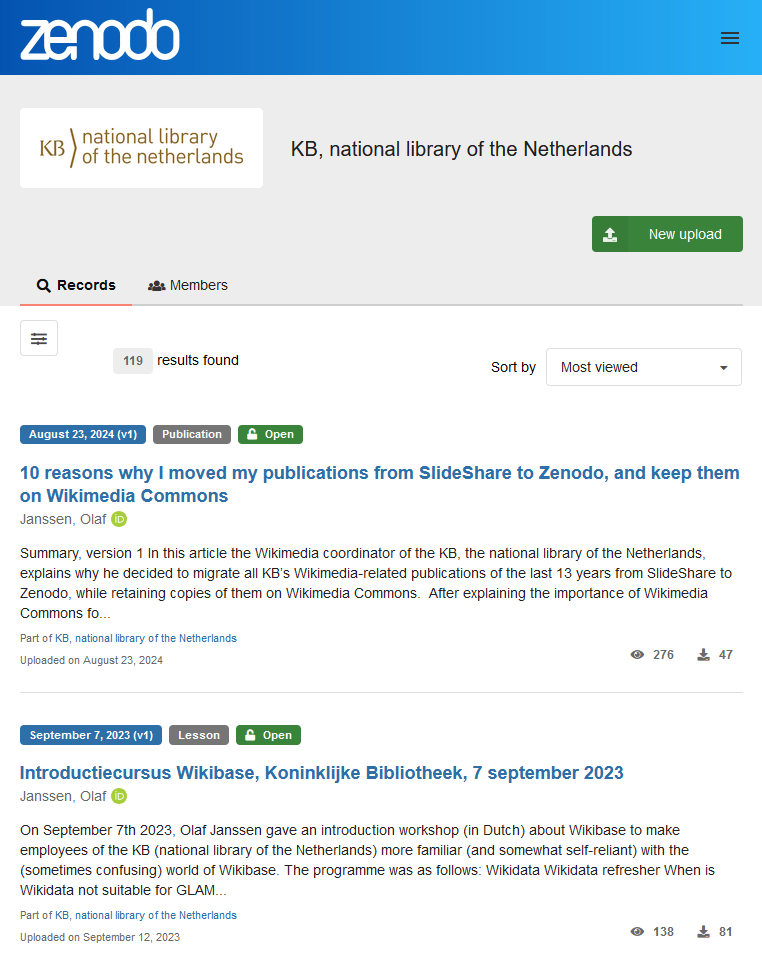 Screenshot of KB's Zenodo community page, dd 28 August 2024, now including all Wikimedia-related publications that were previously hosted on SlideShare.