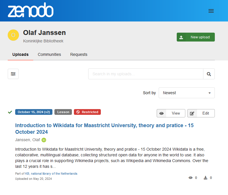 Zenodo screenshot of restricted materials for an upcoming Wikidata workshop on 15 October 2024. 