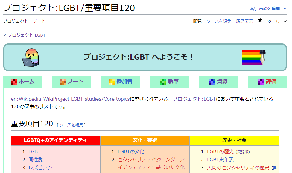 Wikipedia記事「プロジェクト:LGBT/重要項目120」のスクリーンショット。