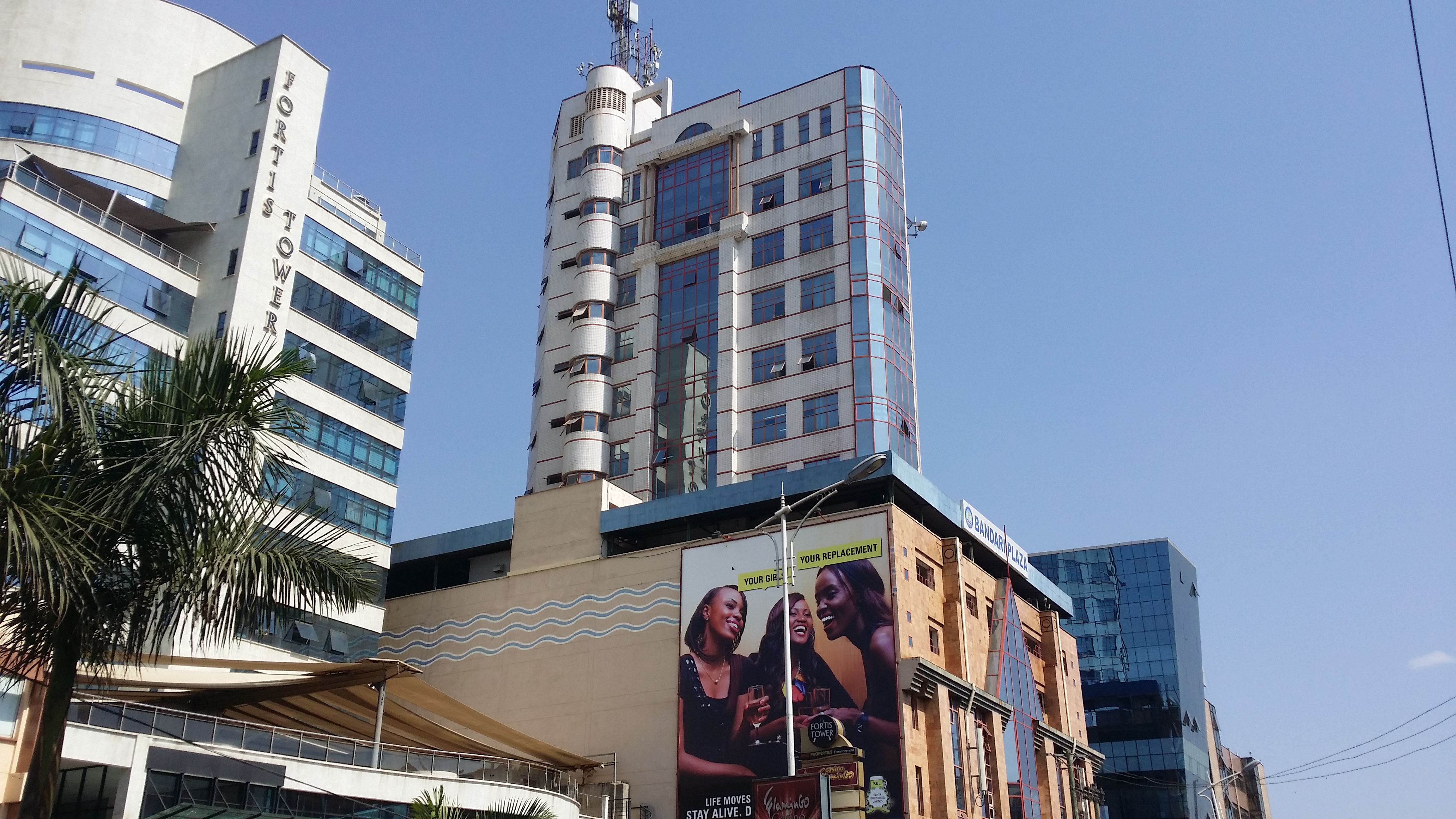 View of buildings along Woodvale Grove in the Westlands neighborhood in Nairobi.