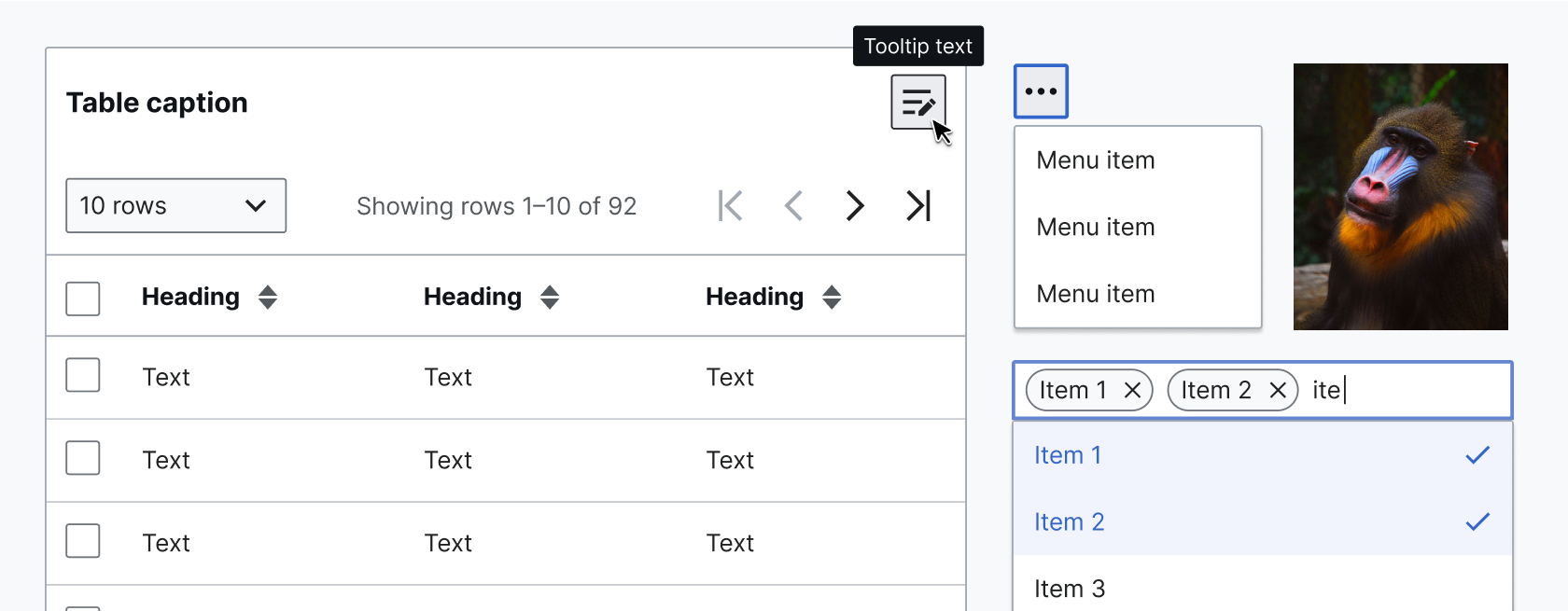 Highly complex Table component in action, aside MenuButton and MultiselectLookup components