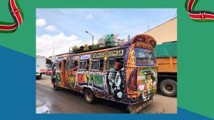 A vibrant matatu, a colorful and iconic minibus, speeding through the bustling streets of Nairobi, Kenya.